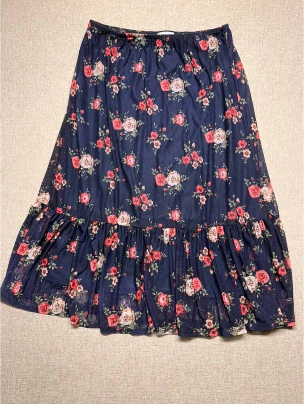 Thyme + Honey XL Navy Floral Mesh Midi Skirt Ruffle Hem Romantic Cottagecore